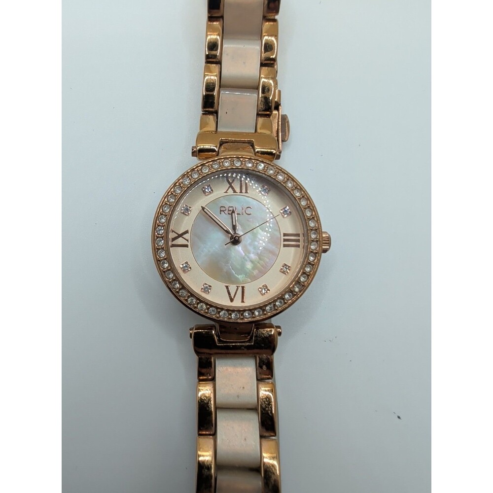 Relic Rose Gold Toned Jeweled Bezel Chrono Style Ladies Quartz Watch MOP Dial